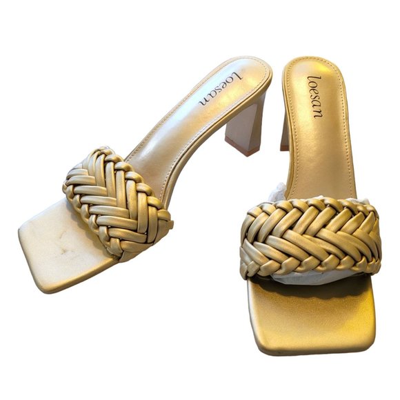 Gold Heeled Slides Dressy Sandals Square Toe Braided by Loesan Size 42 JJ3321 - Picture 7 of 9